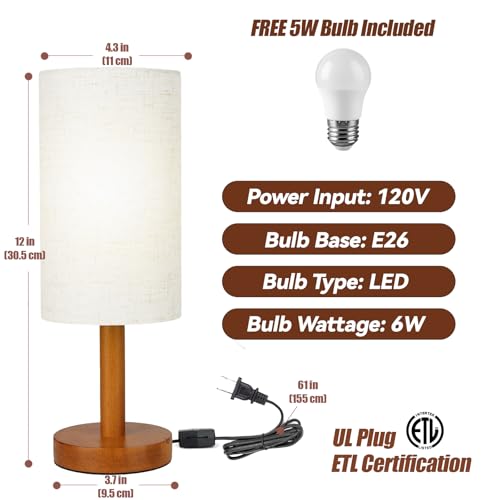 LALISU Small Table Lamp Nightstand Lamp Linen Lampshade Bedroom Wood Base Small Bedside Lamp for Night Stands, Desk Lamps for Reading Living Room, Office (LED Bulb Included) (Rosewood) - color: Rosewood