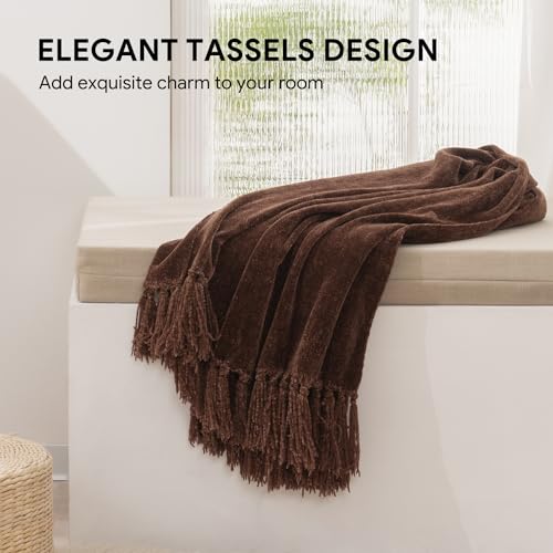 RECYCO Throw Blanket Soft Cozy Chenille Throw Blanket with Fringe Tassel for Couch Sofa Chair Bed Living Room Gift (Brown, 60'' x 80'') - color: Brown, size: 60'' X 80''
