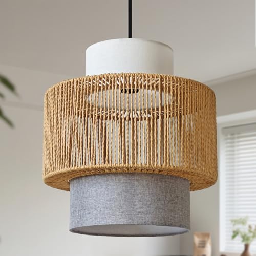 KEESFU 3-tier Drum Lamp Shade for Pendant Lighting Floor Lamps Chandelier，Vintage Rattan and Fibric Lampshade for Hanging Lamp Replacement Shade. - size: style D