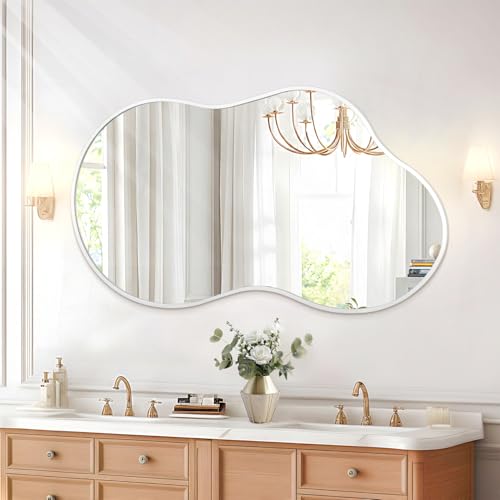 JJUUYOU Mirrors for Wall Metal Framed Decorative Irregular Large Mirrors 22"x40" Asymmetrical for Bathroom Bedroom Living Room Dressing Room Entryway White - color: White, size: 40"L x 22"W