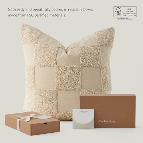 Double Stitch Checkered Throw Pillow Covers - 100% Cotton Set of 2 Tufted Boho Decorative Pillow Covers 18x18, Made in India, Square Cushion Case, Modern Home Decor for Couch, Sofa, Living Room, Oat - color: Oat, size: 18" x 18" (Pack of 2)