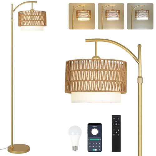 Gold Floor Lamps for Living Room with Remote & Dimmable LED Bulb, Modern Arc Floor Lamp with 3 Color Temperatures, Boho Standing Lamp with Rattan & Fabric Shades, Adjustable Tall Lamp for Bedroom - style: Rustic-Gold