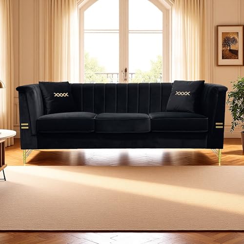 KEIKI 83" Oversized Luxury Velvet Chesterfield Sofa with 2 Pillows, Vertical Channel Tufted Backrest, Modern Style Gold Metal Accents 3-Seater Couch, Easy Assembly, for Living Room, Apartment, Black - color: Black, size: 83"