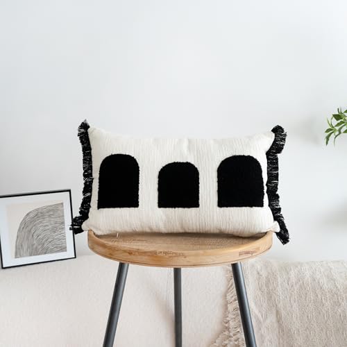 Black White Boho Fringe Tasseled Pillow Cover, Neutral Decorative Rectangular Throw Pillow Case, Geometric Modern Sham for Bed Couch Living Room, 12x20 inches, 1PCS - color: White, size: 20" x 12" (Pack of 1)