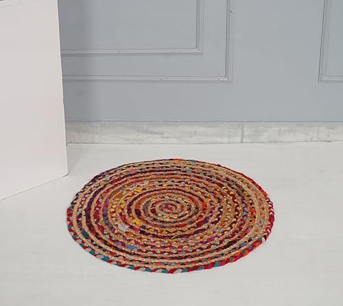 Handmade Natural Fiber Round Collection 2' Round Natural Handmade Boho Charm Farmhouse Jute Area Rug (Chindi) - color: Chindi