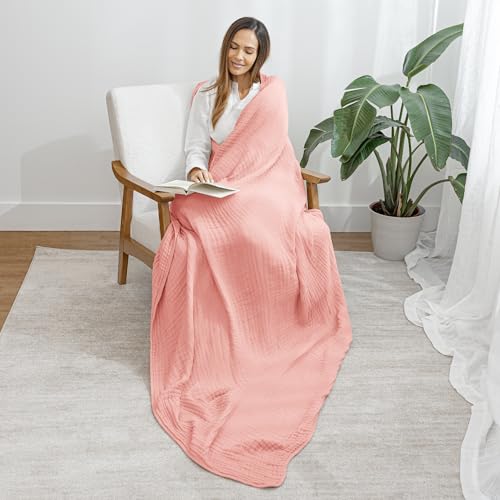 Comfy Cubs Muslin Throw Blanket - 50” x 60” Quilted Design - Lightweight, Breathable 6-Layer Gauze Fabric - Soft Cotton Blanket for Home or Travel - Packaged in Elegant Gift Box - Bold Blush - color: Bold Blush, size: Throw - 50" X 60"