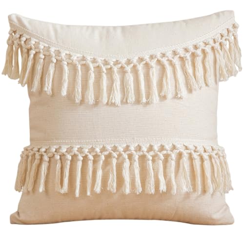 Boho Decorative Throw Pillow Cover 18x18 Inch Cozy Bohemian Macrame Cushion Cover Square White Cotton Pillow Case with Tassels for Couch Sofa Bed Bench Car Farmhouse Home Decor