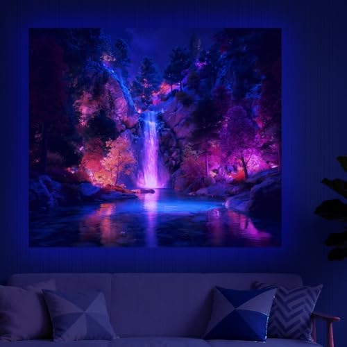 CRAFTYMELODY Waterfall Blacklight Tapestry Glow in the Dark Tapestry UV Reactive Neon Forest Lake Wall Hanging 59×51 Inch with Hook Self Adhesive Sticker Clip for Bedroom Home Wall Decoration - color: Waterfall