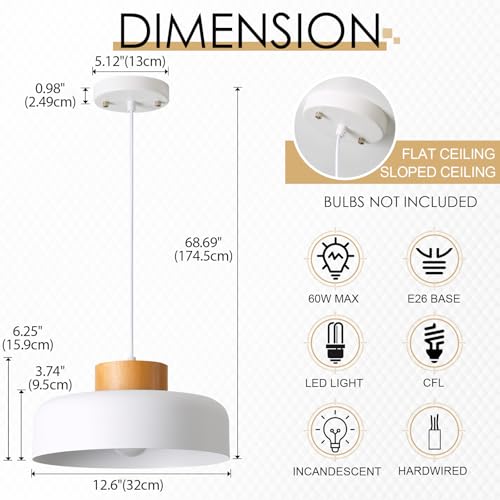 Modern Pendant Light with Real Wood Cap - 12.6” White Hanging Light Fixture for Kitchen Island, Dining Room Table - Adjustable Height Ceiling Light with E26 Socket - Scandinavian Style - color: White, size: 12.6 inches