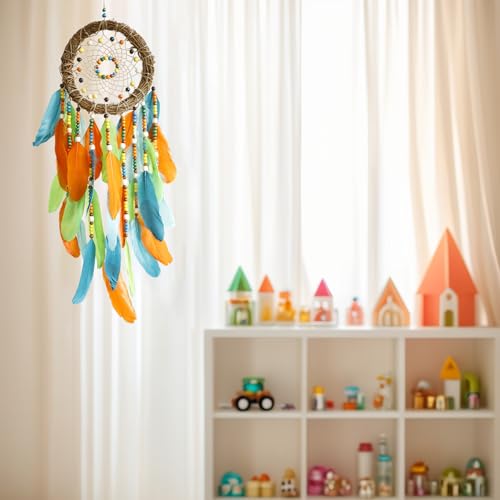 Dream Catcher Native American Boho Dreamcatcher Rattan Wall Decor, Handmade Natural Goose Feathers Blue Beaded Hanging Wall Art Indian Decor for Bedroom Living Room - color: Blue Green Orange