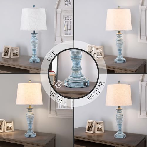 Blue Lamps Set of 2, 27.7" Table Lamps for Living Room with USB A+C Ports, Touch Lamp for Bedroom, 2 Bulbs Included - color: Teal-1