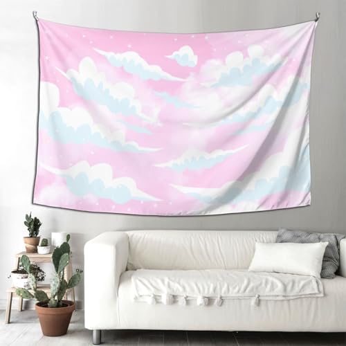 Keiutexe Pink Cloud Aesthetic Tapestry 80" X 60" Cute White Heaven Sky Wall Hanging Party Decorations Home Decor For Bedroom Living Room Dorm (200 X 150cm) - color: Pink Sky, size: 80 X 60 Inch