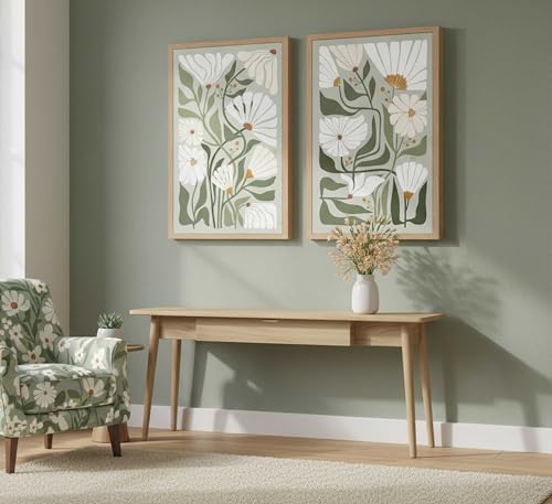 2 Pcs Boho Wildflowers Canvas Wall Art Green Bohemia Abstract Floral Botanical Painting Picture Wall Decor Poster Print Artwork for Living Room Bedroom Bathroom Home Decoration Unframed - color: Poster, size: 12x16in