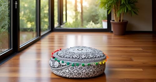 INDIAN CRAFT CASTLE ICC Mandala Barmeri Large Floor Pillow Cover Cushion Meditation Seating Ottoman Throw Cover Hippie Decorative Zipped Bohemian Pouf Ottoman Cases Black Elephant 18" Round - color: Black and White, size: 18"D x 18"W x 5"H