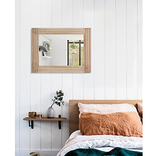 Rectangle Mirror Retro Wooden Wall-Mounted Mirrors Farmhouse Bedroom Bathroom Vanity Entrance Decorative Antique Hanging Mirror Large 20"x16" - color: Crude Wood, size: 20"L x 16"W