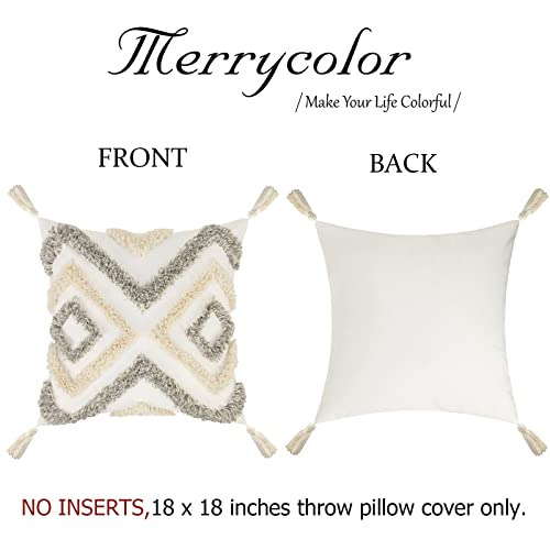 Merrycolor White Grey Boho Pillow Covers 18x18 with Tassels Tufted Decorative Gray Throw Pillows Neutral Modern Accent Pillowcase Farmhouse Square Cushion Covers for Couch Sofa Bedroom Living Room - color: Grey and White 1, size: 18" x 18" (Pack of 1)