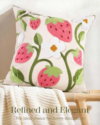 Embroidered Throw Pillow Cover 18x18 Inch - Spring Summer Boho Decorative Pillow Cover with Zipper for Living Room Couch Sofa Bed Aesthetic Design Branch Strawberry Cushion Pillowcase - color: Branch-strawberry, size: 18" x 18" (Pack of 1)