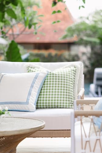 Hofdeco Premium Coastal Patio Indoor Outdoor Pillow Cover Only, 20"x20" Water Resistant for Backyard, Couch, Green Gingham Fringe (Pack of 2) - color: Green Plaid 20"x20", size: 20" x 20" (Pack of 2)