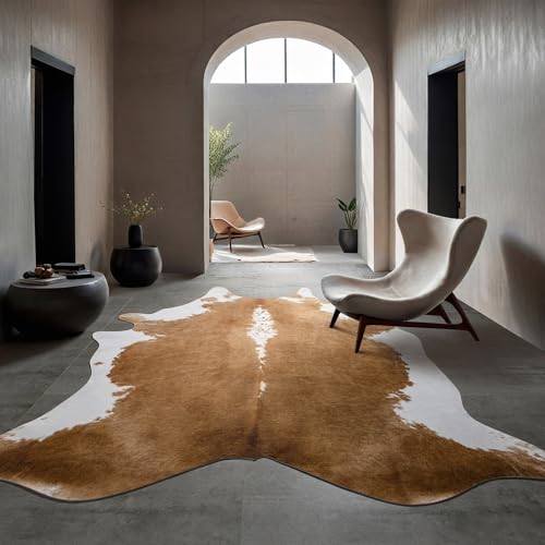 BENRON Premium Faux Cowhide Rug, Cow Print, Rustic Western Rugs for Living Room Bedroom, Irregular Animal Skin Hides, 4.6 x 5.2ft, Anti-Skid Cool Carpets for Cowboy Cowgirl Home Decor, Khaki Brown - color: Caramel, size: 4'7" x 5'2" (Irregular)