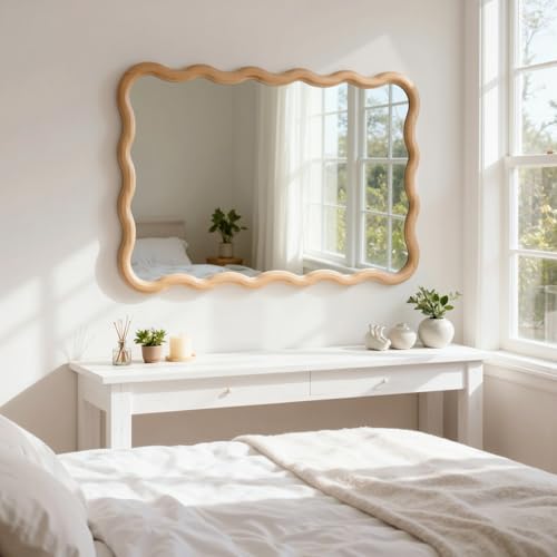 Bathroom Mirror for Wall,24x36 inch Large Irregular Wavy Wood Modern Boho Vanity Farmhouse Mirrors for Bedroom Living Room Entryway Hallway Fireplace - size: 36"L x 24"W