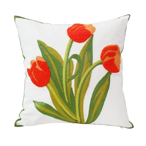 Embroidery Throw Pillow Cover 18x18 Home Decor Floor Pillow Cover for Couch Sofa Chair Best Gift 100% Cotton Floral Embroidered Cushion Cover Square Pillowcase 45x45cm Red Tulip, 1 Piece - color: Red Tulip
