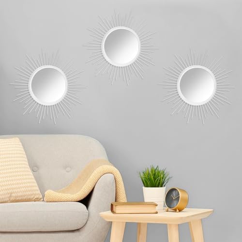 Mirror Wall Decor White Mirrors for Wall Metal Sunburst Mirrors Home Decoration Wall Art Decorative Mirror Suitable for Living Room Bedroom Bathroom Entrance Set of 3 12'' - color: Sunburst-white, size: 3 Set 12"L x 12"W