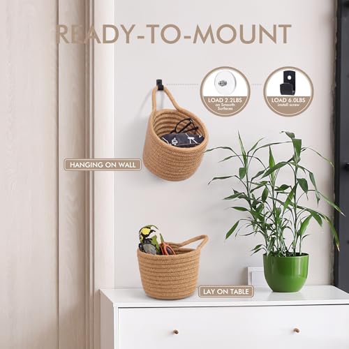 Fabric Wall Hanging Baskets - 3Pack Woven Pouchs Boho Style Wall Mounted Bag with Adhesive Hooks, Storage Organizers and Decoration Pocket Caddy Bins on Door Rack (Linen & Black, Large) - color: Linen & Black