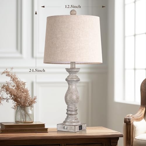 24.5" Table Lamp Set of 2, Rustic Farmhouse Bedside Lamps with USB A+C Charging Ports, 3-Way Dimmable Touch Control Nightstand Lamps for Living Room Bedroom, Antique Grey White, LED Bulbs Included - color: Antique Grey White