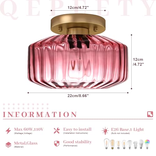 8.66" Low-Profile Purple Glass Flush Mount Ceiling Light, Gold Metal 1-Light Fixture, Easy Install Semi-Flush Lamp for Small Bedrooms, Bathrooms, Closets - color: Small, 8.66" Purple