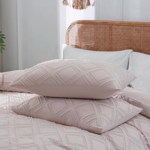 Duvet Cover King Size, 3PCS Boho Duvet Cover Set, Geometric Pattern Tufted Bohemian Comforter Cover Jacquard Knit Textured Bedding Set with Zipper Closure - color: Pink, size: King