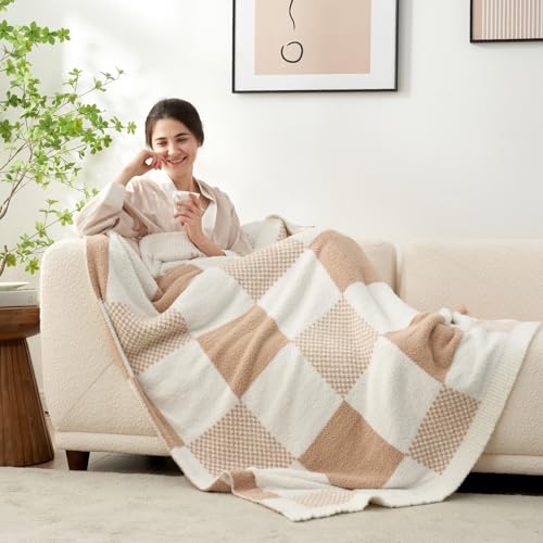 Snuggle Sac Checkered Blanket, Beige Throw Blanket for Couch Plaid Microfiber Fluffy Warm Cozy Fuzzy Soft Throw Blanket Reversible Checkered Blankets for Sofa, Chair, Bed, 50x60 inches - color: Checker Beige, size: Throw(50"x60")