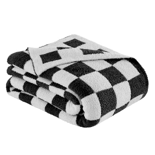 Checkered Throw Blanket, Black Soft Cozy Fluffy Knitted Throw Blankets for Couch, Sofa, Bed, Chair, Warm Fuzzy Travel Picnic Lightweight Plaid Blanket, 50x70 inches - color: Black White, size: 50×70 Inch
