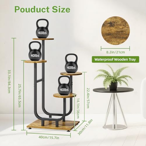 iDavosic.ly 4 Tier Plant Stand Indoor, Corner Tiered Multiple Flower Holder Shelf with Wooden Trays, Orchid Display Metal Rack for Patio Porch Living Room Balcony Outdoor, Modern Black & Rustic Brown - color: Rustic Brown, size: 4 Tiers