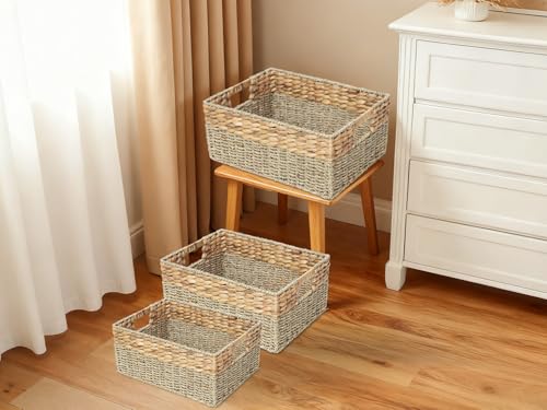 YAHUAN Natural Water Hyacinth & Seagrass Woven Storage Baskets – Wicker Storage Basket Organizer Bins with Handles for Home & Office Pantry Shelf (Set of 3) - color: Set of 3