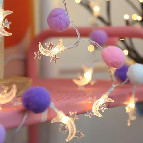 ChiRee Indoor String Lights 6.56 Feet Pom Poms Moon Lights 20 LED Battery Operated String Fairy Lights Warm White Globe Lights Colorful Decor Lights for Home Bedroom Kids Playhouse Holiday Christmas - style: Moon-Purple