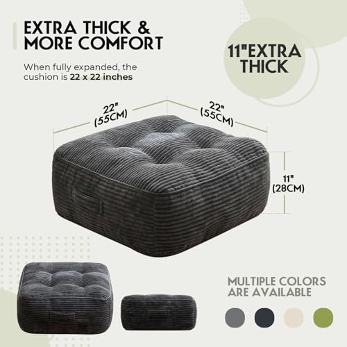 11" Thick Washable Floor Pillow for Adults, Yoga & Meditation Cushion with Handle, Square Large Pillows Seating with Removable Tufted Corduroy Cover for Tatami Living Room Board Games, Dark Gray - color: Dark Gray
