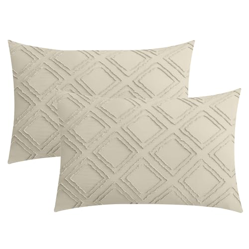 JELLYMONI Pillowcases King Size Light Sand 2 Pack Boho Plaid Bed Pillow Covers 20x36in Polyester Envelope Pillow Shams Tufted Bohemian Textured (Pillows are not Included) - color: 01 - Light Sand - Grid, size: 36" x 20" (Pack of 2)