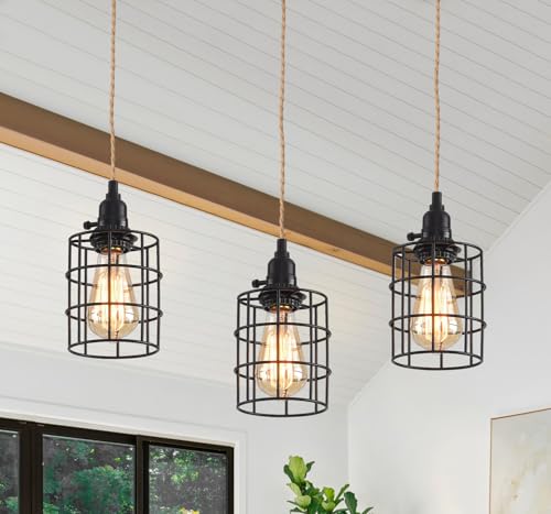 3-Light Hanging Light with Plug in Cord,Plug in Pendant Light 22ft Hemp Rope Pendant Lighting Vintage 3-Light Hanging Lamp Fixtures for Kitchen Island Living Room Bedroom - color: 3 Light 12CM Cage