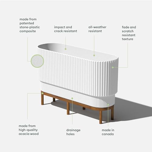 Veradek Demi Series Raised Long Planter for Indoor/Outdoor Use | Made from Plastic & Stone w/Wooden Stand | Modern Patio Décor for Flowers/Shrubs - color: White/Brown, size: 30 inch