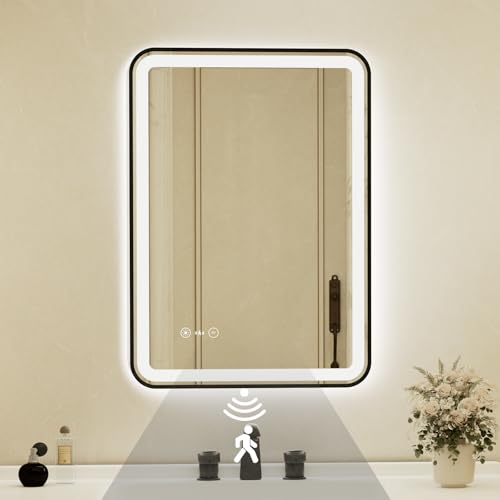 20x28 Inch Black Framed LED Bathroom Mirror with Lights,Smart Bathroom Mirror,Motion Sensor,Anti-Fog,Stepless Dimmable & 3 Colors,Memory,Vanity Mirror for Wall - color: Black-with Sensor Lights, size: 28"L x 20"W