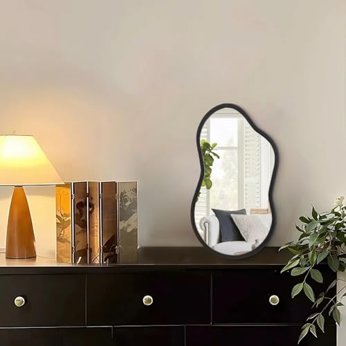 AAZZKANG Irregular Wall Mirror with Wood Framed Small Asymmetrical Black Hanging Mirrors for Bedroom Living Room Bathroom Entryway Dressing Room Decorative - color: Black, size: 14"L x 8"W