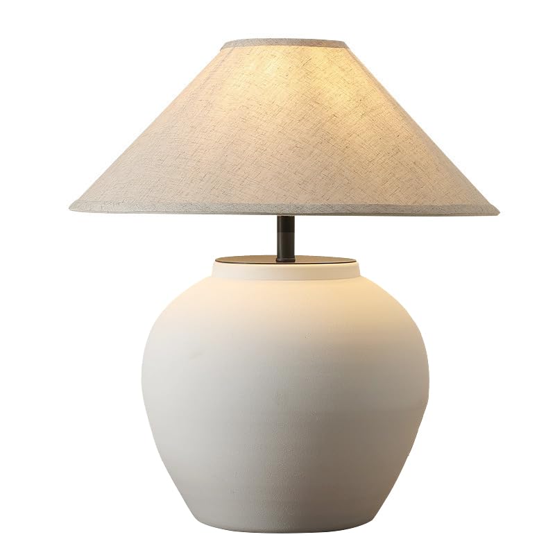 Farmhouse Table Lamps Black 18.8" Tall Ceramic Table Lamp Rustic Southwestern Clay Pot Ceramic Lampshade with Fabric Shade Bedside Nightstand for Living Room Bedroom House Office Entryway (White) - color: White