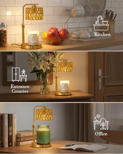Candle Warmer Lamp with Timer, Dimmable Candle Warmer for Jar Candles, Height Adjustable Candle Lamp Warmer, Boho Rattan Lampshade and 2 Bulbs, Gift for Home Room Decor, Gifts for Women Mom (Gold) - color: Boho-gold