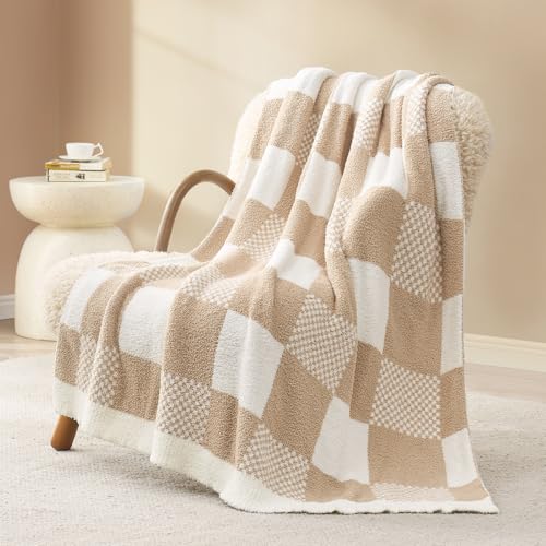 Snuggle Sac Checkered Blanket, Beige Throw Blanket for Couch Plaid Microfiber Fluffy Warm Cozy Soft Oversized Throw XL Reversible Checkered Blankets for Sofa, Chair, Bed, 50x70 inches - color: Checker Beige, size: Throw-XL(50"x70")