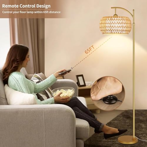 Gold Floor Lamp for Living Room with 3 Color Temperatures,Arc Boho Floor Lamps with Remote Control, Rattan Standing Lamp with Wicker Lamp Shades Dimmable Tall Floor Lamp For Bedroom Living Room Corner - color: gold-cydariform, size: 12.2 inch