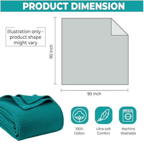 100% Cotton Blankets for Bed - Waffle Weave Blankets for Summer, Lightweight and Breathable Soft Woven Blanket for Spring (Teal, Queen (90" x 90")) - color: Teal, size: Queen (90" x 90")