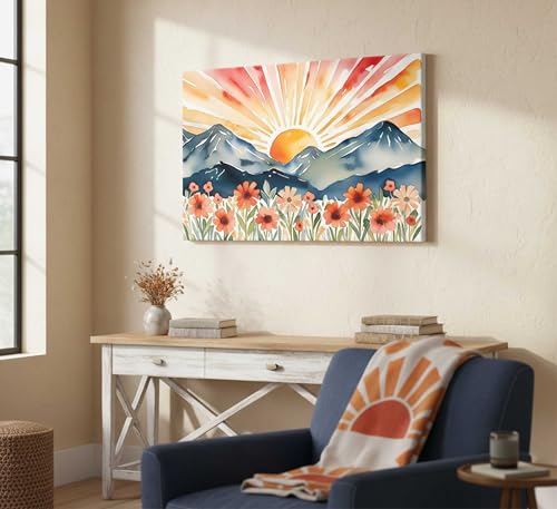 Boho Sun Canvas Wall art Mid-Century Modern Abstract Bohemian Sunset in The Mountains Watercolor Wildflowers Sunrise Landscape Picture Wall Decor Poster Print Artwork for Living Room Bedroom - size: 24"L x 16"W