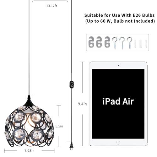 TISLYCO Black Plug in Chandelier, Crystal Hanging Lights with Plug in Cord 13.12ft and On/Off Switch, Hanging Pendant Light for Kitchen Island Bedroom Reading Area - color: 5.5"x7"-plug in light