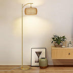 eyassi Arc Floor Lamp with 3 Color Temperatures, LED Gold Floor Lamp with Remote & Stepless Dimmable Bulb, Boho Standing Lamp with Rattan & Fabric Shades, Farmhouse Tall Lamp for Living Room Bedroom - style: Bohemian-Gold