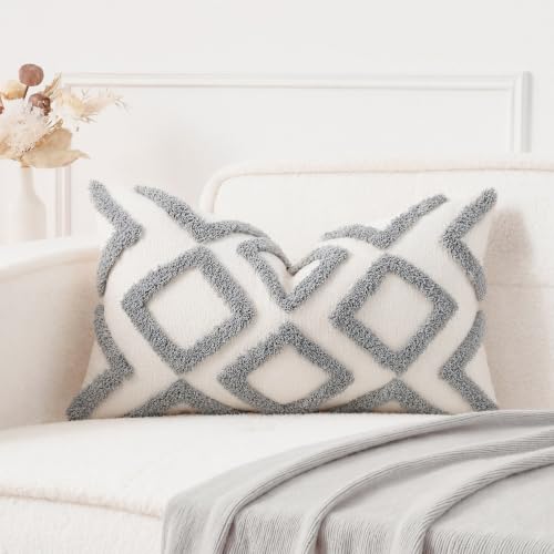 NUYECY Diamond Pattern Long Pillow Covers 12 x 24,Plush Chenille Decorative Long Lumbar Pillow Case Pillow Covers Cushion Case for Sofa Couch Bed Livingroom Farmhouse,Modern Boho,Grey - color: Grey, size: 24" x 12" (Pack of 1)